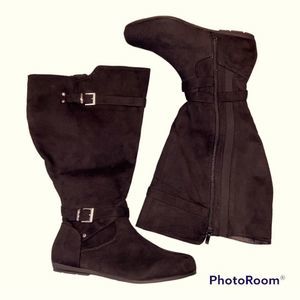 New! Torrid Knee Boots Faux Black Suede 9.5 WW, double silver buckle